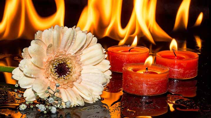 Flor blanca sentada junto a velas rojas iluminadas en rojo, ambas contribuyen al control de la calidad del aire de un purificador de aire